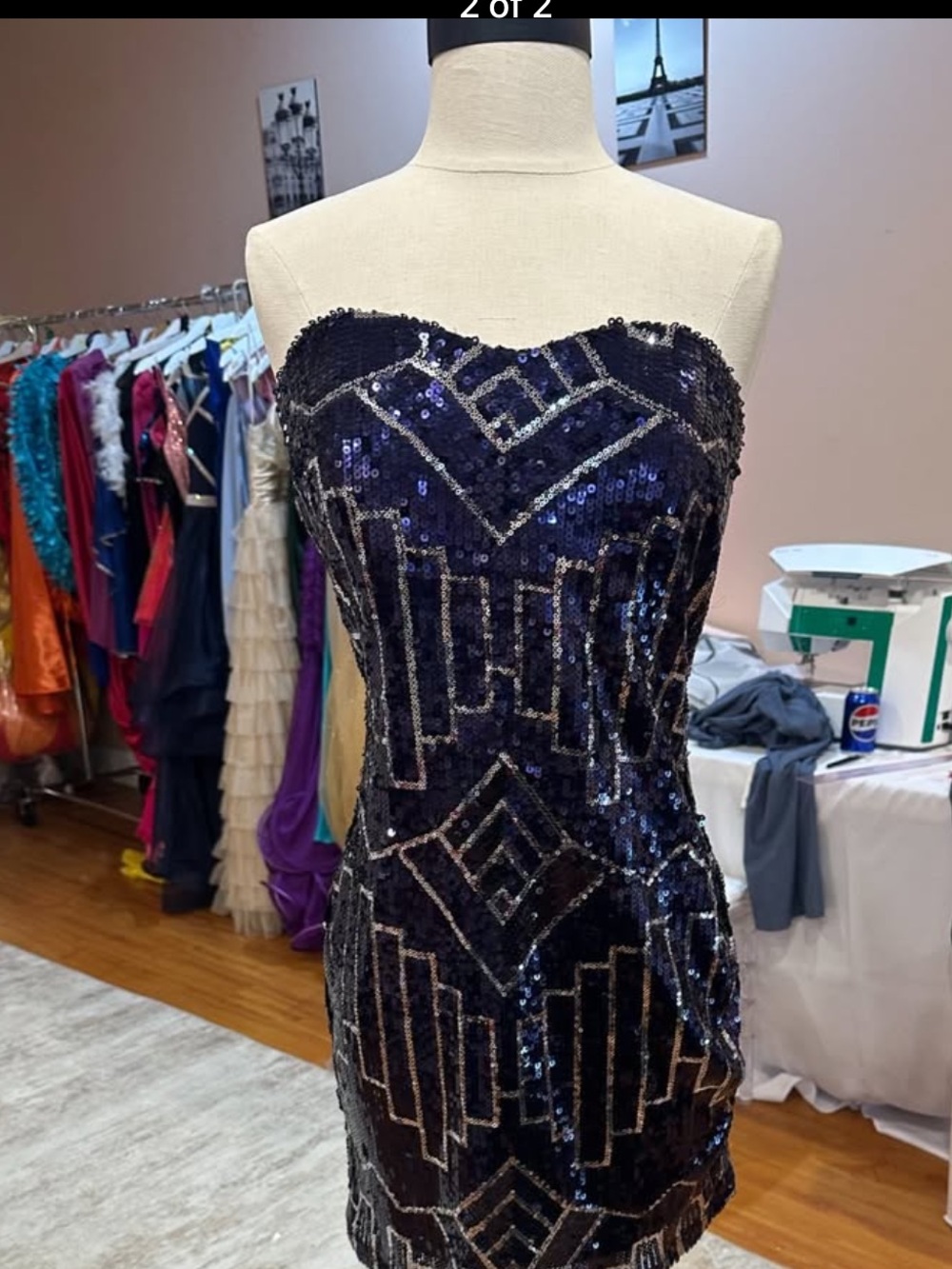 Strapless Navy Sequin Sheath Dress